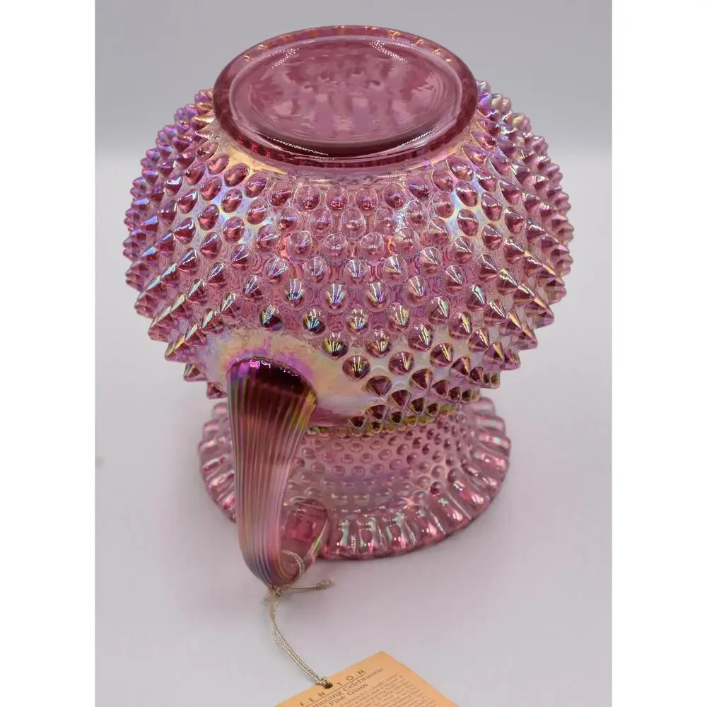 Vintage Fenton Hobnail Pink Opalescent Carnival Glass Art Crimped Top Pitcher